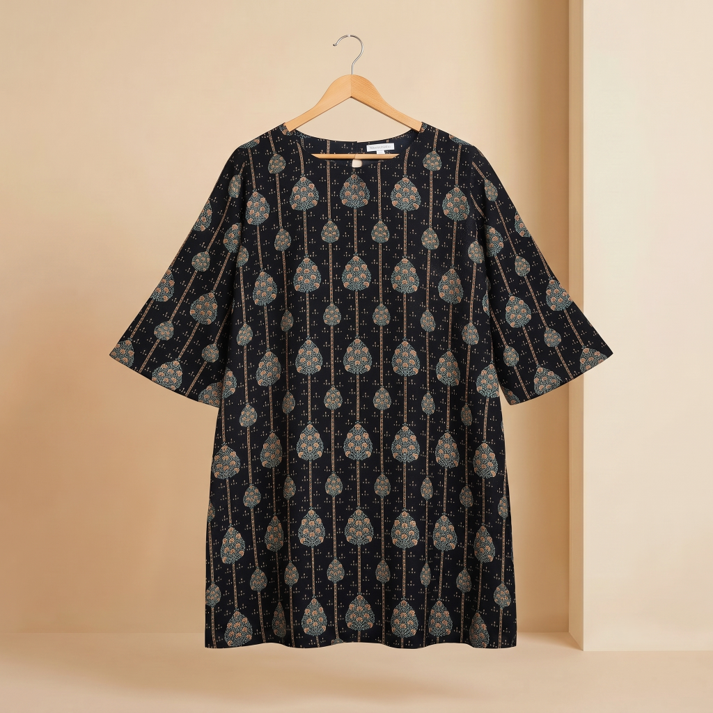 Black cotton kurti with printed pattern, front view — Aaveno