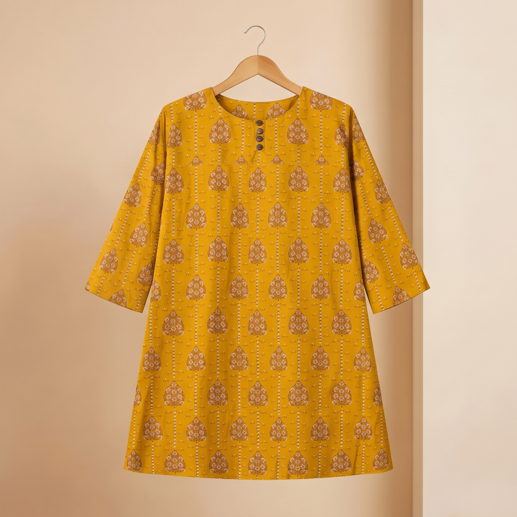 Mustard yellow cotton kurti with printed pattern, front view — Aaveno